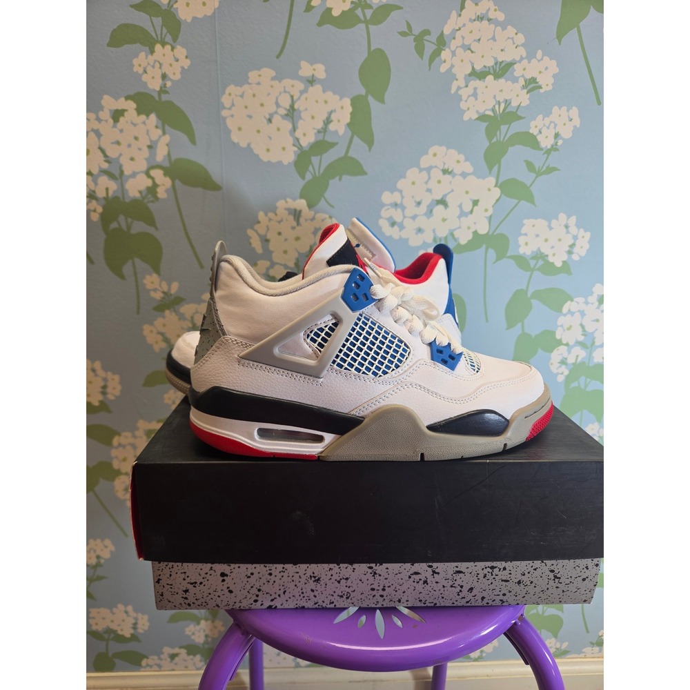 Air Jordan 4 Retro GS What The White Military Blue Fire Red 408452-146 Size 6Y